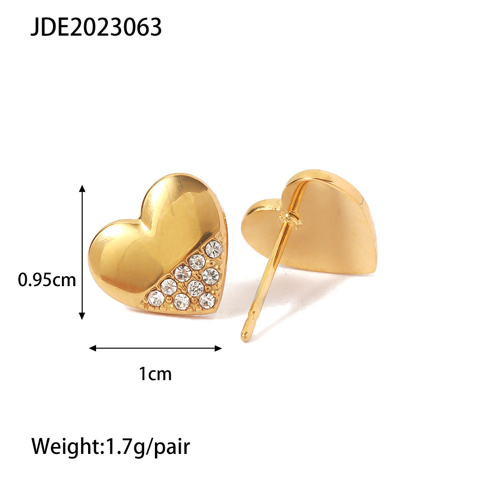 Sweet Heart Shape Stainless Steel Gold Plated Artificial Diamond Ear Studs 1 Pair