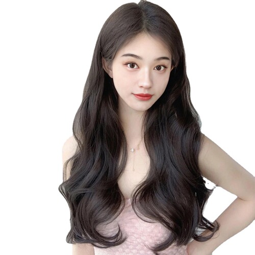 Hair extension for women with long curly hair, trendy influencer style, face-shaping parting, large waves, synthetic hair strands, full headpiece.