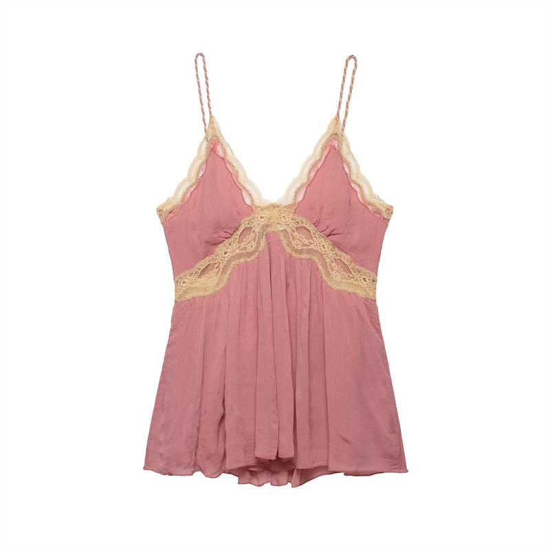 Unizera Women's Clothing 2026 Summer New Product V-Neck Pink Lace Patchwork Suspender Top for Women 5107046 Unizera Women's Clothing 2026 Summer New Product V-Neck Pink Lace Patchwork Suspender Top for Women 5107046