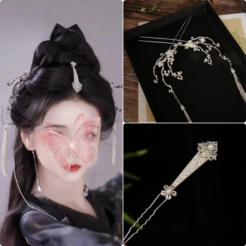 Chinese Style Exotic Style Silver Hair Accessories Set, Ancient Han Dynasty Makeup Accessories, Cool Elegant Long Tassel Hairpin