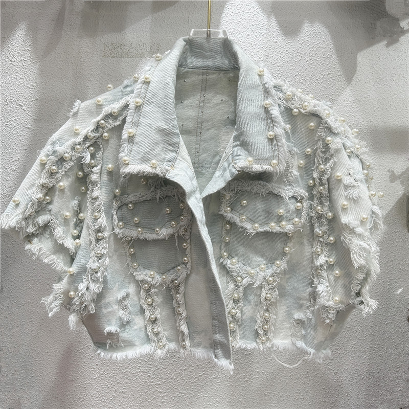 Estación europea 2024 nuevo estilo de moda teñido de clavos pesados chaleco de vaquín de perlas chaleco de mujer abrigado abrigo corto image 2