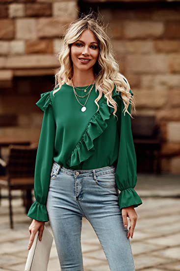 Women's Blouse Long Sleeve Blouses Lettuce Trim Fashion Solid Color display picture 2
