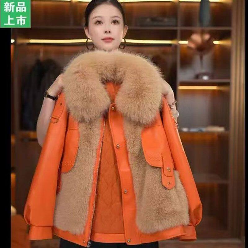 Áo khoác da nữ dáng ngắn cổ áo to có lông, lót nhung giữ ấm, chất liệu PU — màu cam chi tiết 2