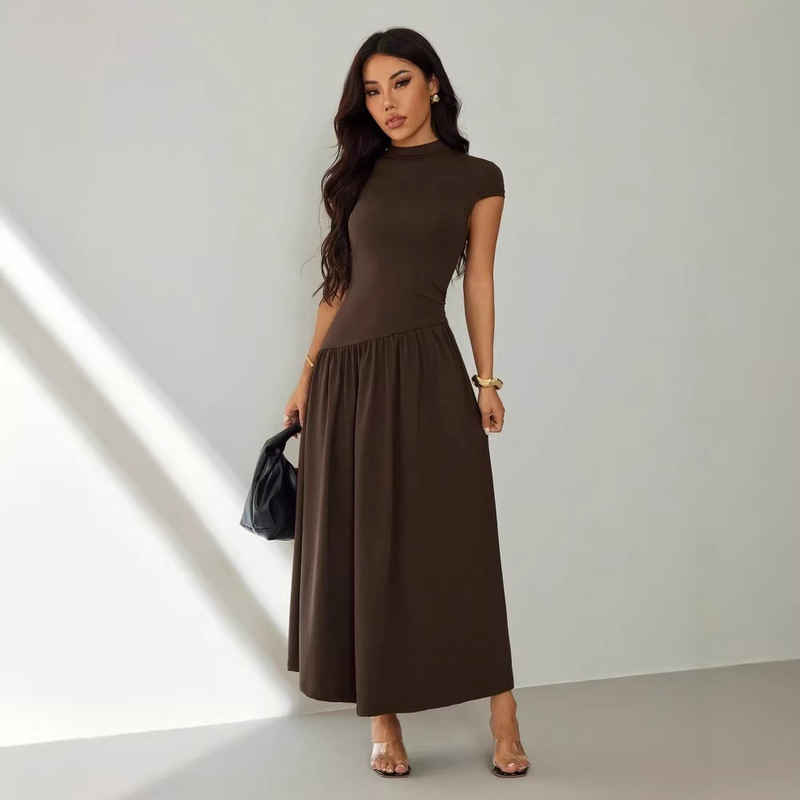 European and American Cross-Border Women's Fashion Minimalist High-Neck Bias-Cut Faux Two-Piece Slim-Fit Flared Dress