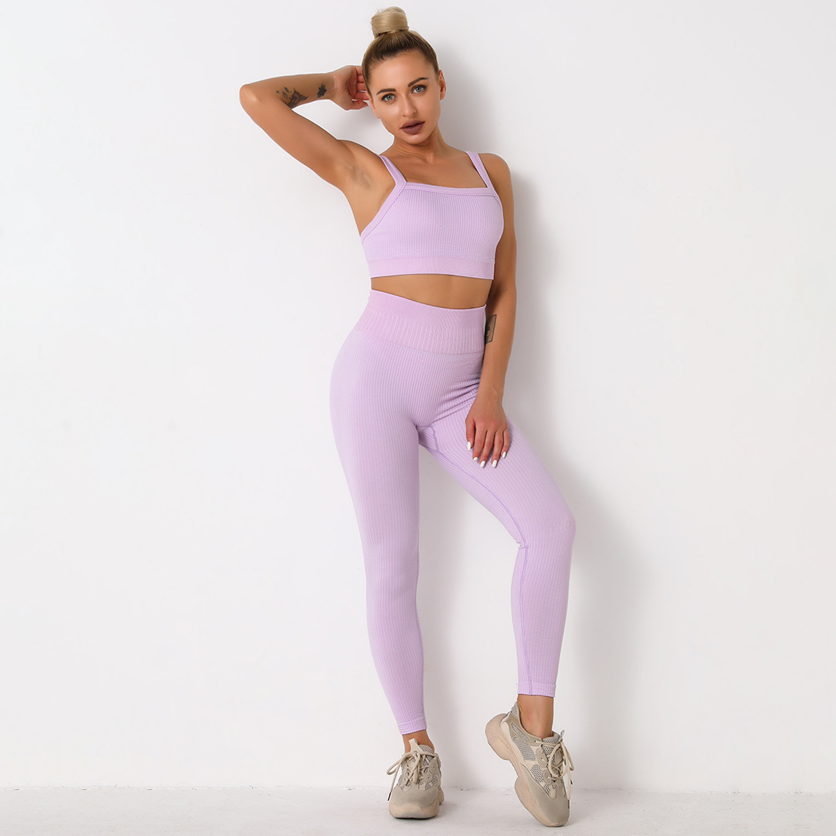 wholesale clothing vendor Nihaostyles striped shockproof beauty back bra trousers yoga sports set NSLX67219