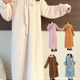 鸿楠2025睡衣成人女睡裙冬季加厚珊瑚绒家居服一字肩系带
