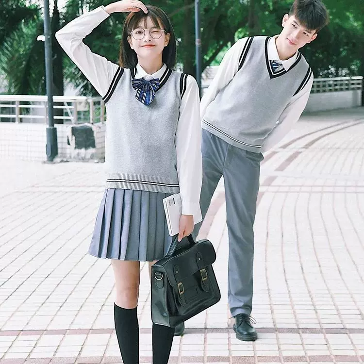 现货 学生背心英伦学院风校服班服JK制服V领针织马甲情侣毛衣坎肩