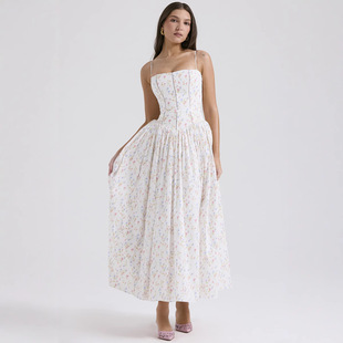 New Amazon Cross-Border European and American Style Elegant and Gentle Style Slimming Floral Suspender Dress Fairy Style