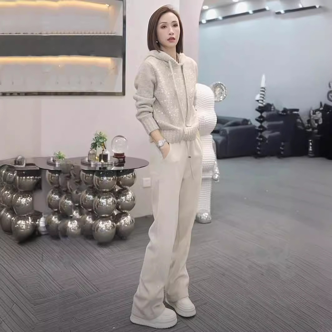 Women's Clothing light luxury sequined hooded sweater autumn and winter high end temperament versatile warm long sleeved knitted sweater women's trend_voghion.com