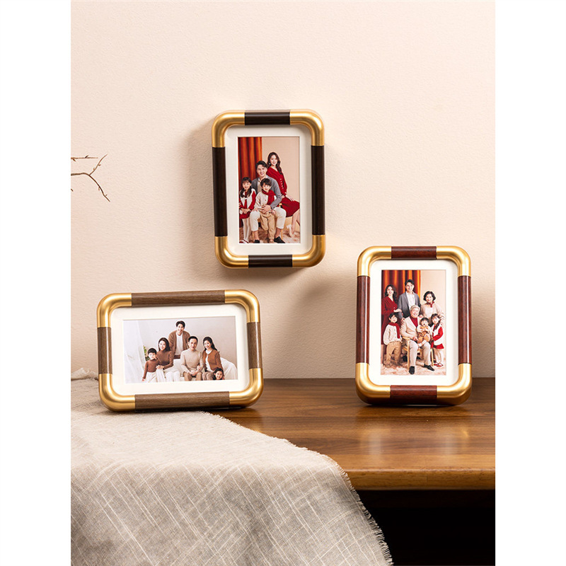 Family Photo Frame Display Stand with a High-End Feel, Wall-Mounted Photo Printing and Framing, New Chinese-Style Wedding Photo Frame with Imitation Copper Corners