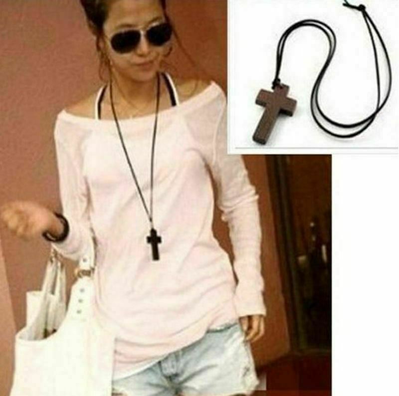 Cross-border Hot Sale Li Xiaoli Same Style Black Leather Rope Wood Cross Pendant Long Woolen Chain Fashion Ladies Necklace