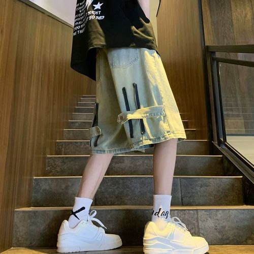 Vintage American-style denim shorts for men, summer design, niche five-pocket pants, trendy streetwear brand fashion high-street pants.