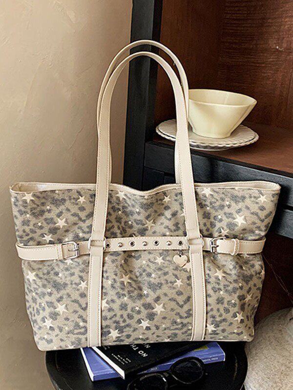 Túi tote đeo vai nách họa tiết da báo cổ điển, form lớn rộng rãi, phong cách tối giản — màu hồng, màu nâu, màu xám