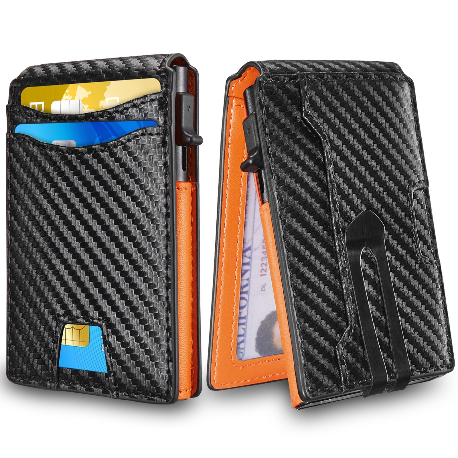 Amazon Antirrobo Cepillo para hombre Cartera de tarjeta de caja de tarjeta de metal con posición de tarjeta múltiple Cartera de cuero con patrón de fibra de carbono para hombre