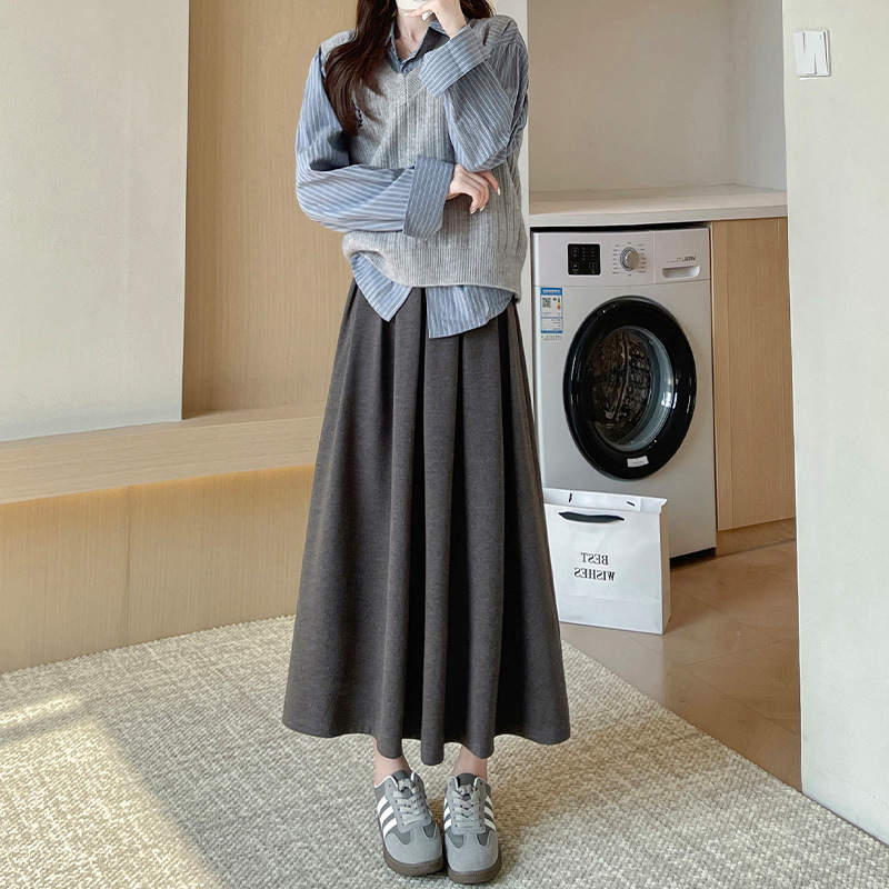 灰色毛呢半身长裙女春秋季2025新款高腰显瘦字伞裙设计感百褶裙|undefined