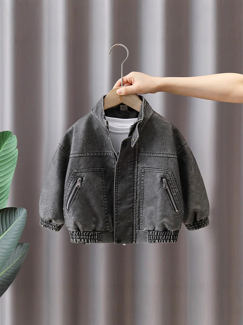 7604 ropa de primavera para niños chaqueta de cuero fresca y hermosa chaqueta de calle frita occidental para niños 2025 nueva moda de primavera y otoño cuero rojo neto
