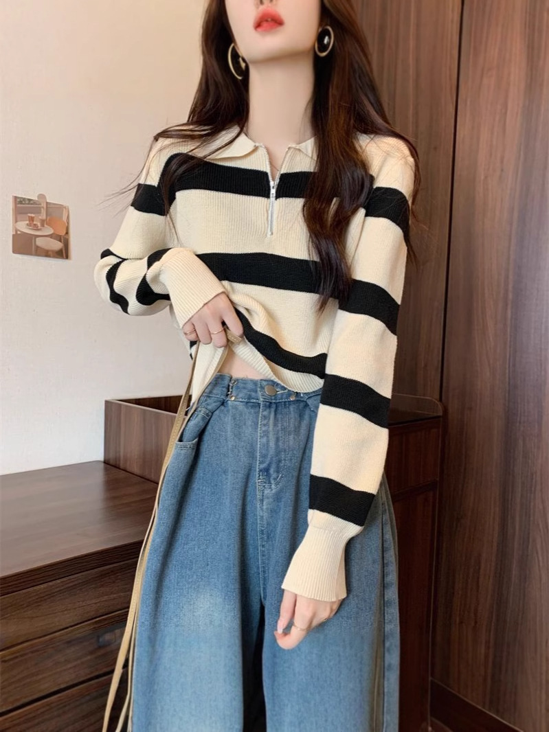 撞色条纹半拉链polo领针织衫女春秋冬宽松慵懒风外搭长袖毛衣外套