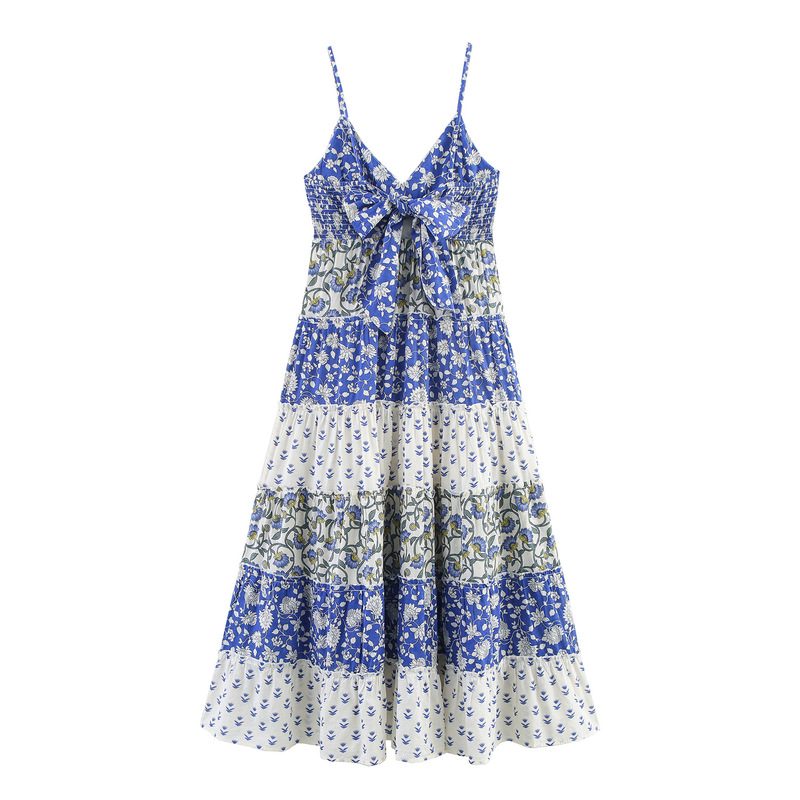 2025 Summer Casual Women's Patchwork Printed Layered Splicing Bow Decorated Mid-Length Suspender Dress
