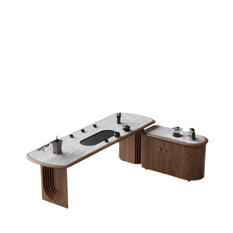 Mesa de té moderna y sencilla, sala de estar de lujo ligero, coche de té móvil para el hogar, mesa de té de roca de madera maciza, combinación de mesa y silla de té con hervidor