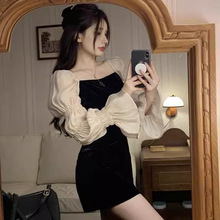 黑色法式金丝绒连衣裙女春秋季泡泡袖甜辣风性感气质显瘦包臀短裙