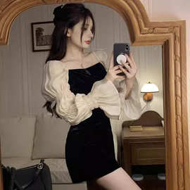 黑色法式金丝绒连衣裙女春秋季泡泡袖甜辣风性感气质显瘦包臀短裙