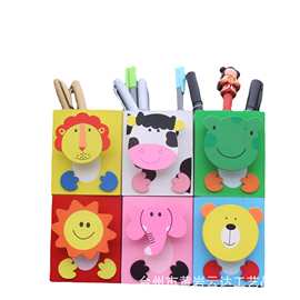 儿童小动物笔筒 木制卡通正方形创意笔筒桌面收纳木质工艺品摆件