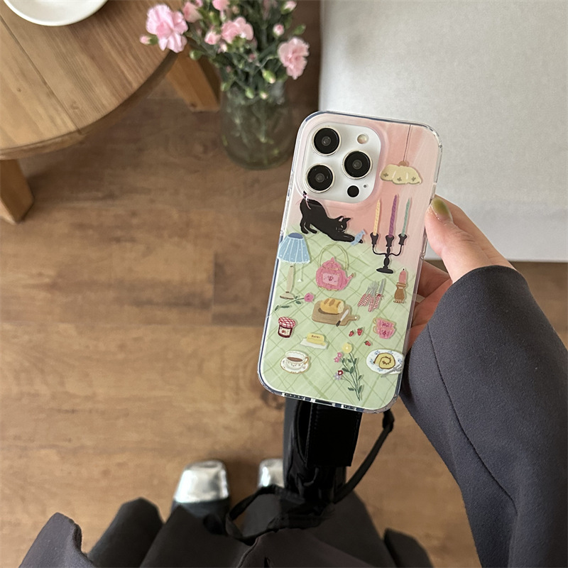 Pintura al óleo ilustración de gato a la luz de las velas para iphone15 funda para teléfono móvil 16ProMax dibujos animados 13 Apple 14 hembra 15PM