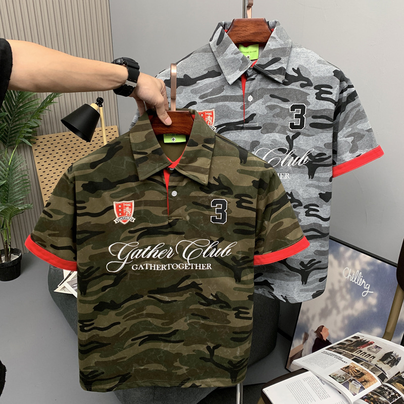 American Trendy Street Hip-Hop Camouflage Short-Sleeved Polo Shirt for Men in Summer with Lapel Letter Embroidery Fashionable Loose Top