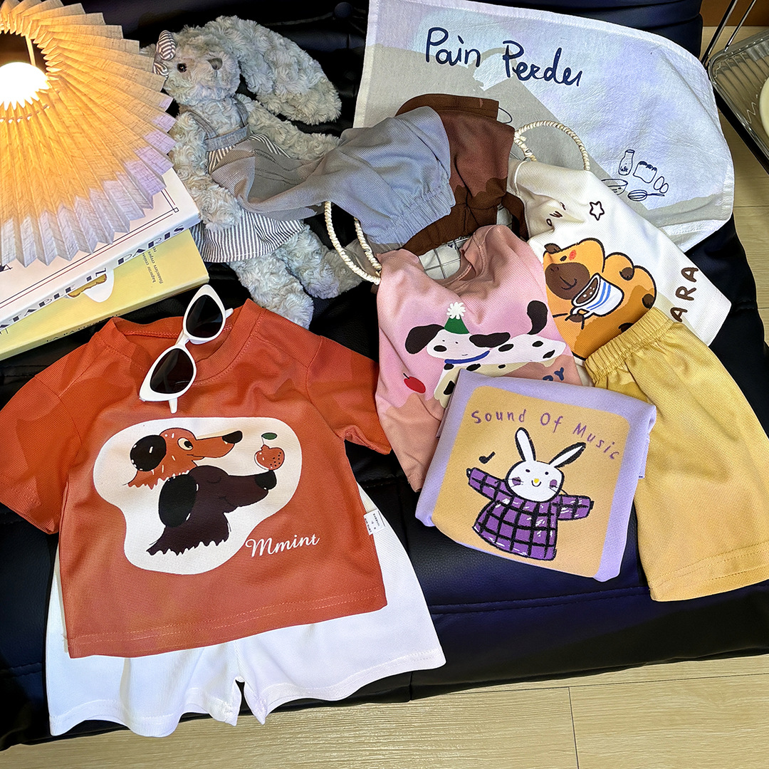 Children's Short-Sleeved Shorts Summer Style Boys' Sports Cartoon Half-Sleeved T-Shirt Suit Baby Girl's Sweet Printed Outing Clothes