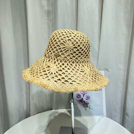 拉菲草镂空毛边防晒草帽女夏季海边度假大檐遮阳沙滩帽时尚太阳帽
