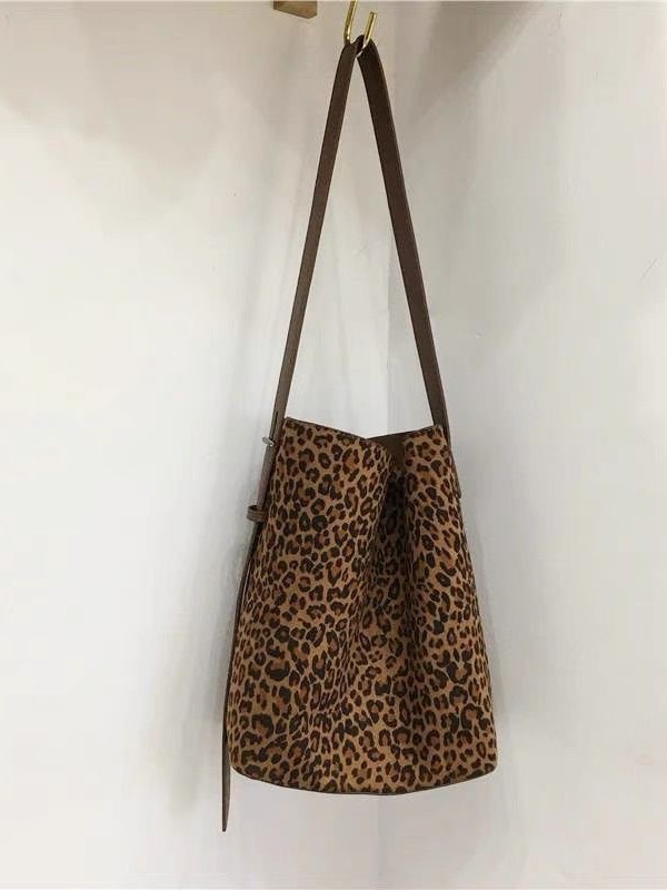 Korean Style Niche Ins Suede Retro Leopard Print Bucket Bag Versatile Shoulder Crossbody Tote Bag For Women - Thumbnail 4