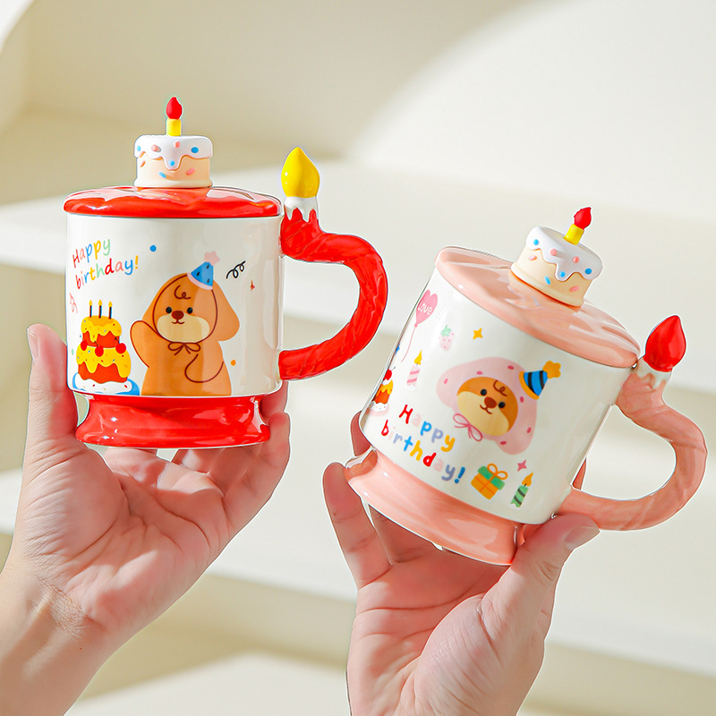 Bonita tarta de cumpleaños de dibujos animados taza de alto valor creativo regalo de cumpleaños de mano casero con taza de agua cubierta