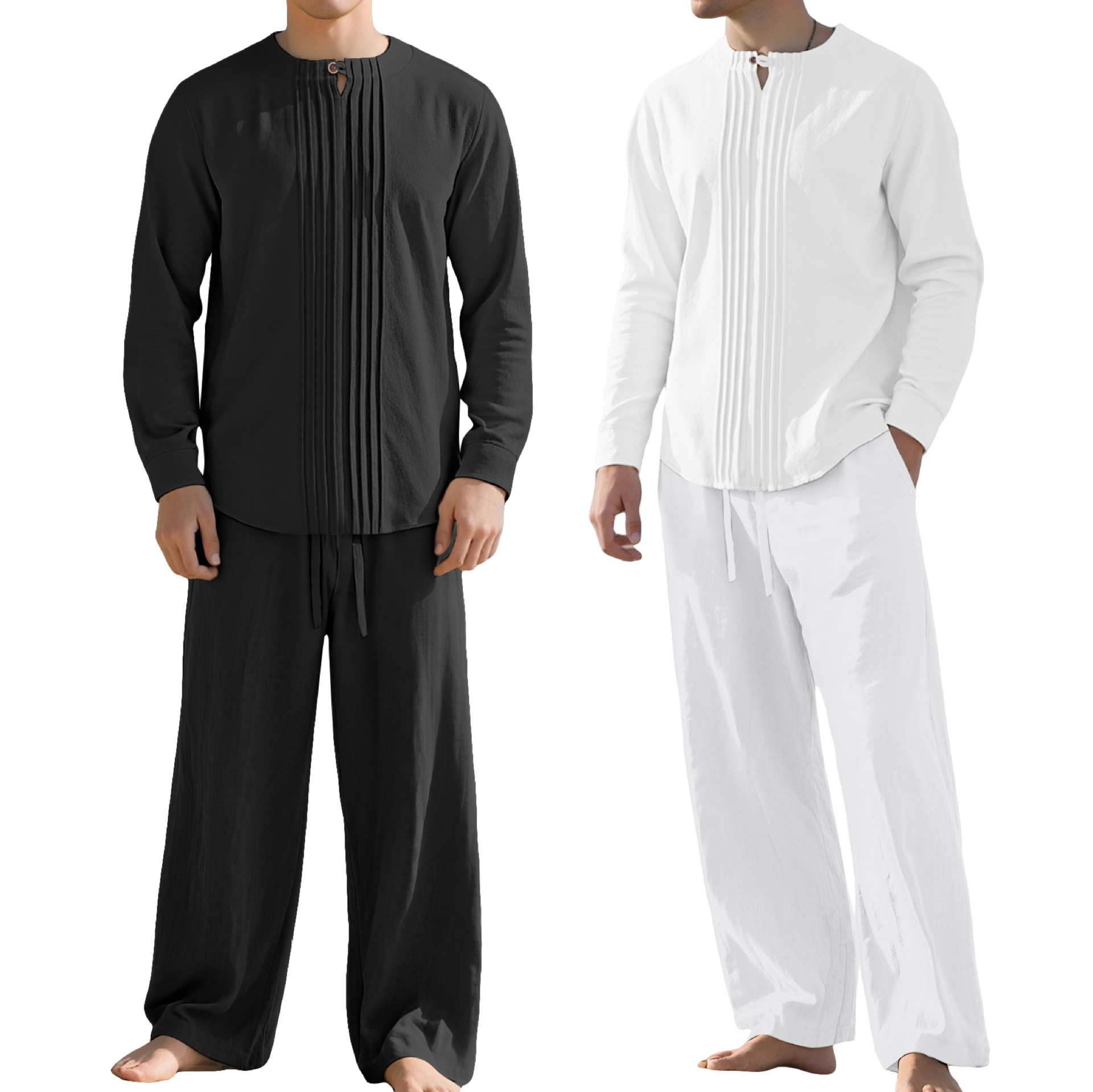 Botón transfronterizo TK blusa de manga larga pantalones rectos Europa y América Amazon Henry cuello camisa casual algodón y lino hombre set