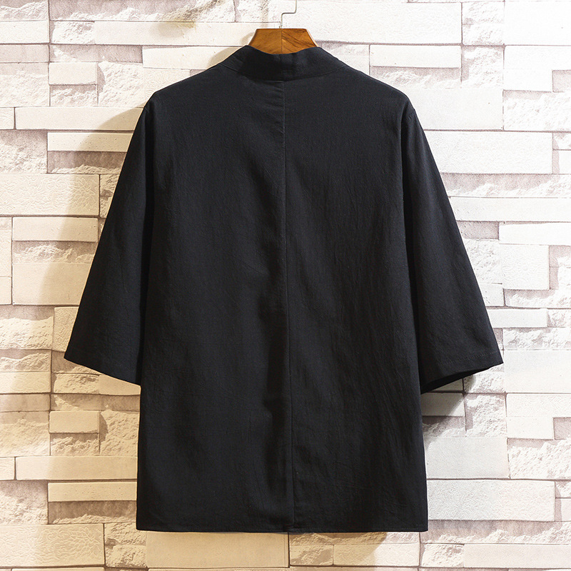 Comercio exterior simple estilo chino verano hombres de color sólido hanfu camisa más tamaño algodón y lino 3/4 manga cardigan
