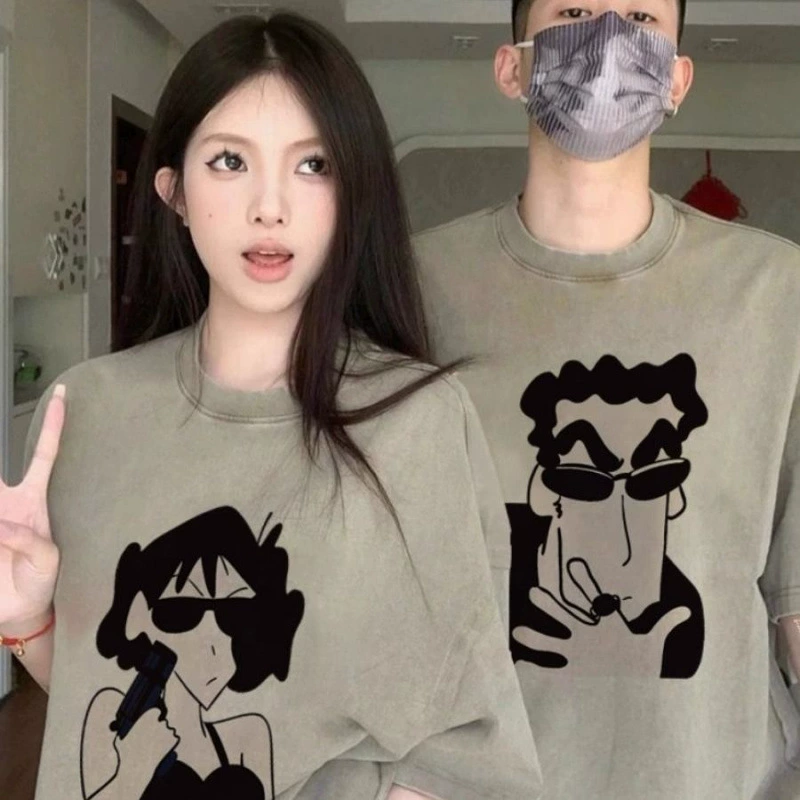 Двухкомплектная футболка с коротким рукавом для пары, одежда для пары, новинка лета 2025, нишевая высококачественная свободная хлопковая одежда.