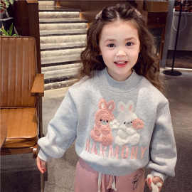 女童保暖卫衣儿童加绒加厚卡通可爱兔子衣服女孩中大童套头衫上衣