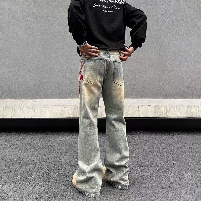 Men's Distressed Washed Yellow Mud Denim Jeans Straight Leg Bootcut_voghion.com