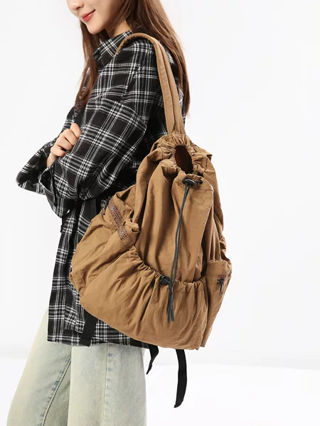 Cross-Border Korean Dongdaemun Drawstring Backpack Daily Practical Large-Capacity Commuting Pleated Nylon Women's Casual Backpack
