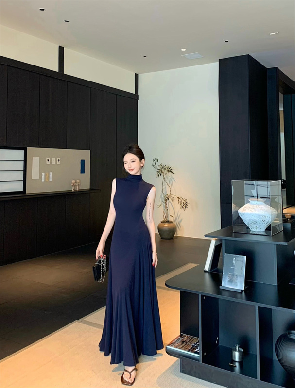 女装夏高级感法式气质半高领无袖背心连衣裙修身辣妹气质大摆长裙|undefined