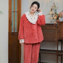 现货新中式国风睡衣女士秋冬珊瑚绒加绒加厚甜美可爱家居服套装