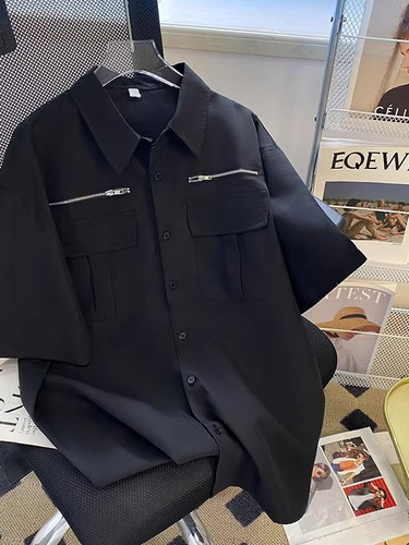 Workwear Short Sleeve Shirt Men Summer High Street Indie Advanced Design Aesthetic American Heavyweight Loose Casual Inch Shirt Jacket