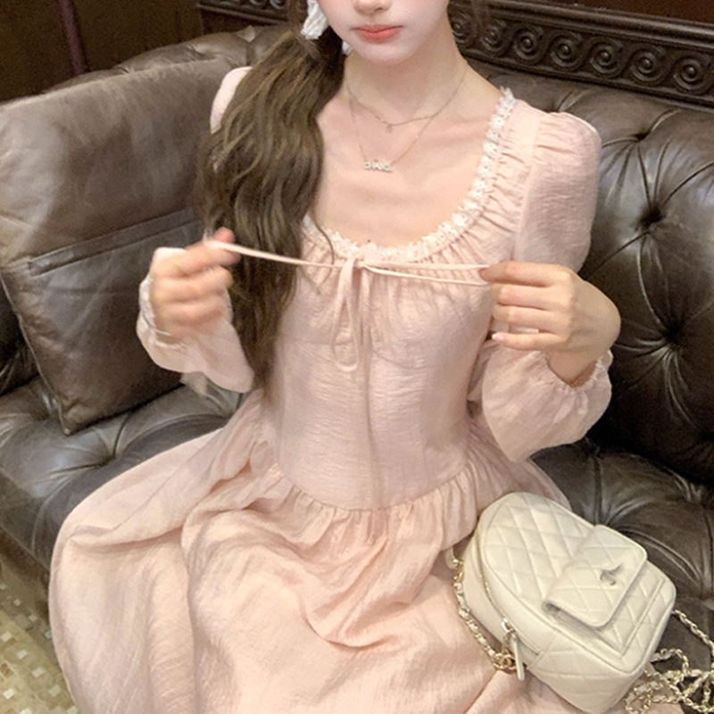 蜜桃奶冻/粉色u领长袖收腰a字连衣裙女秋法式气质显瘦裙子长裙潮|undefined