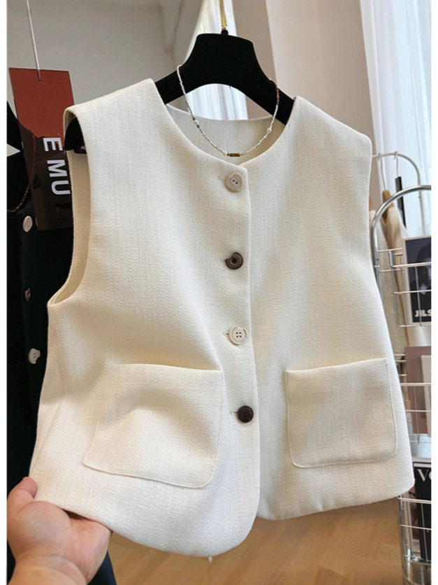 Áo vest nữ không tay dáng gile cổ tròn phối lớp phong cách Pháp — đen, Màu trắng nhạt