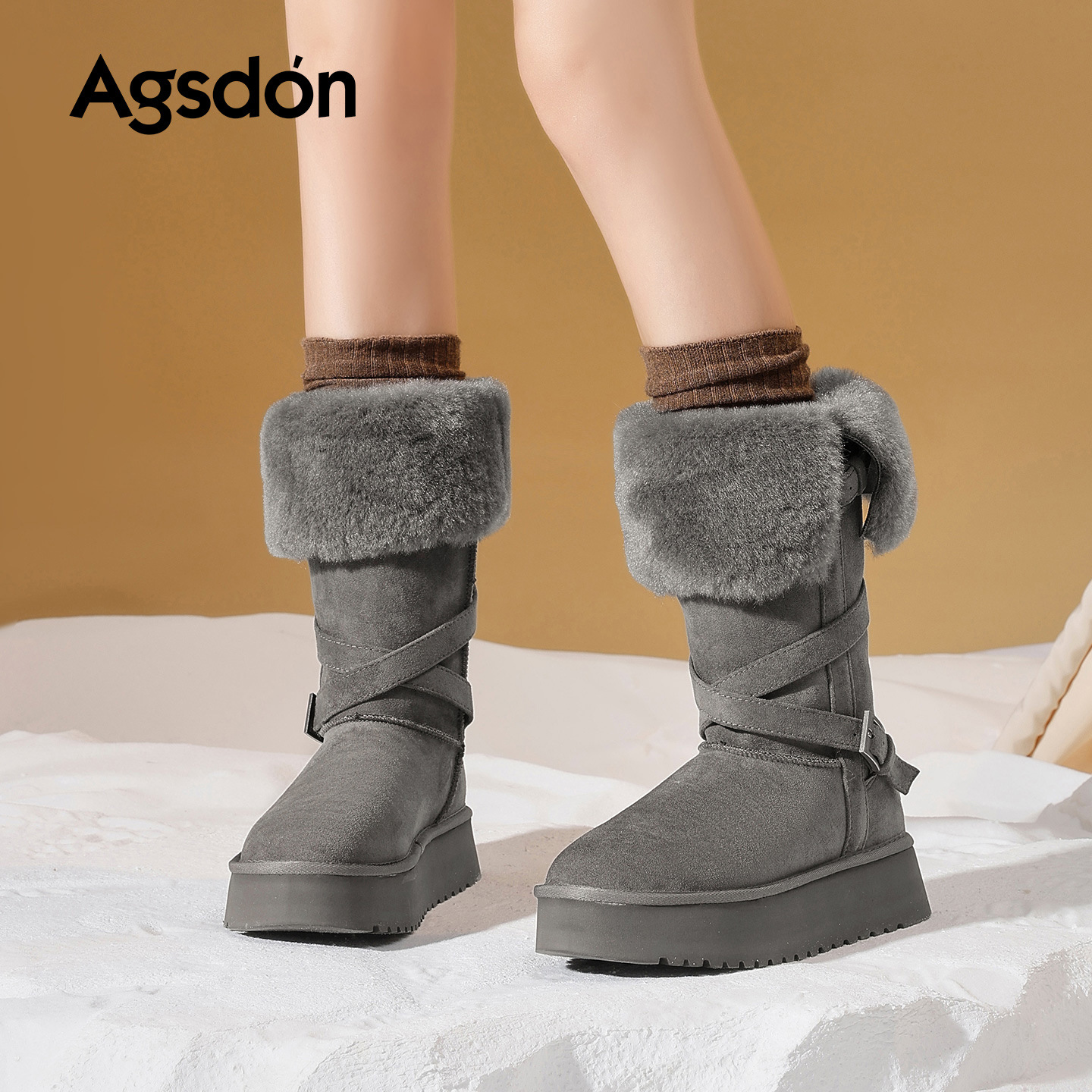 Botas de nieve gris gruesas de fondo de Augu Shi Deng mujeres 2025 invierno nuevo botas de algodón de pelusa botas de pelusa