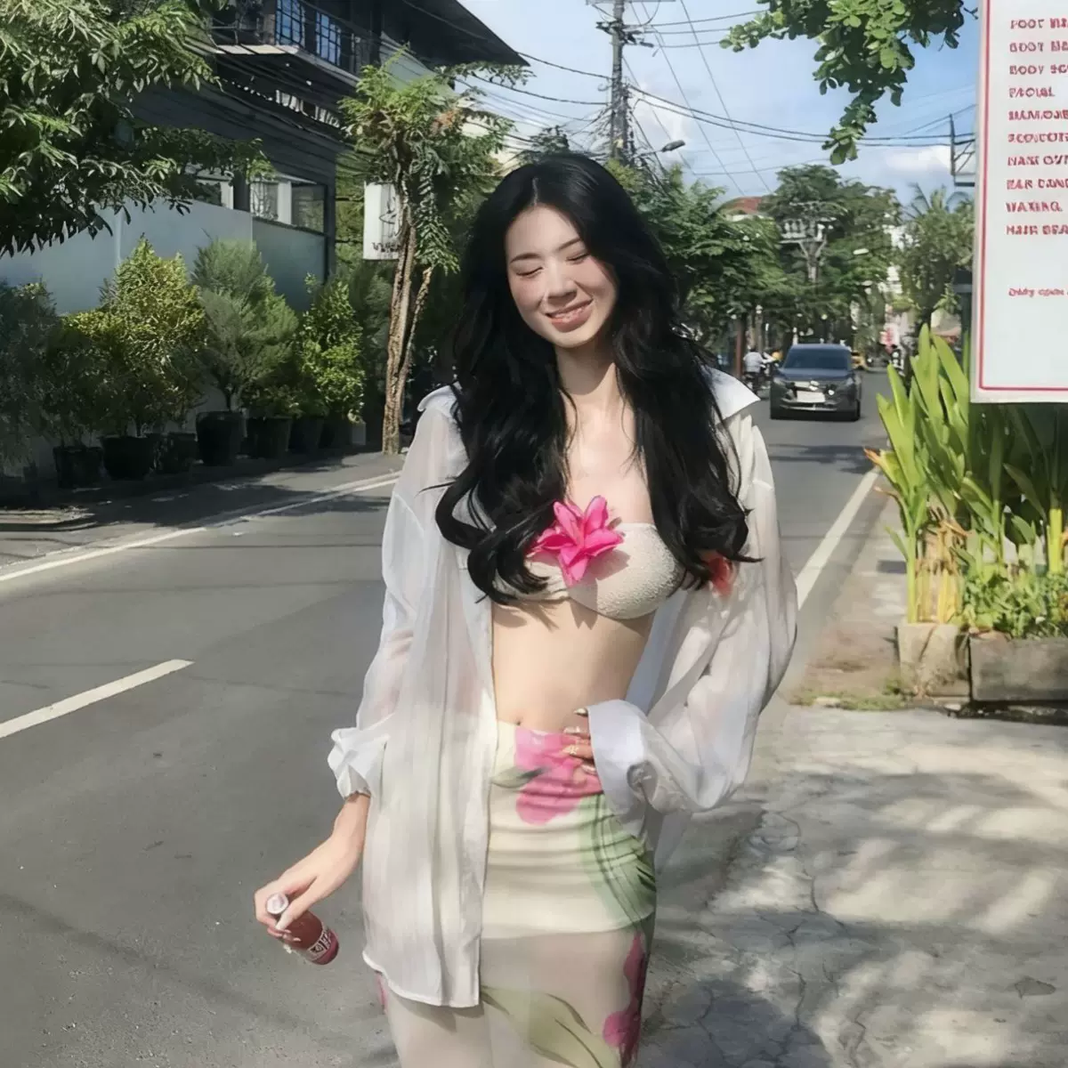 2025新款泳衣性感泰国海边度假落日氛围感花朵纯欲长裙比基尼分体