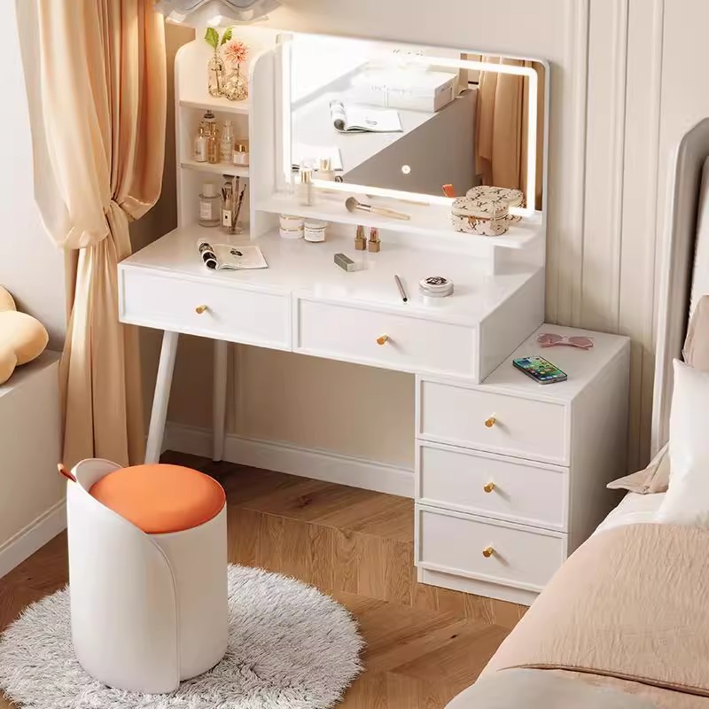 Comodador de estilo francés de estilo crema dormitorio simple y moderno hogar pequeño gabinete de maquillaje con lámpara LDE