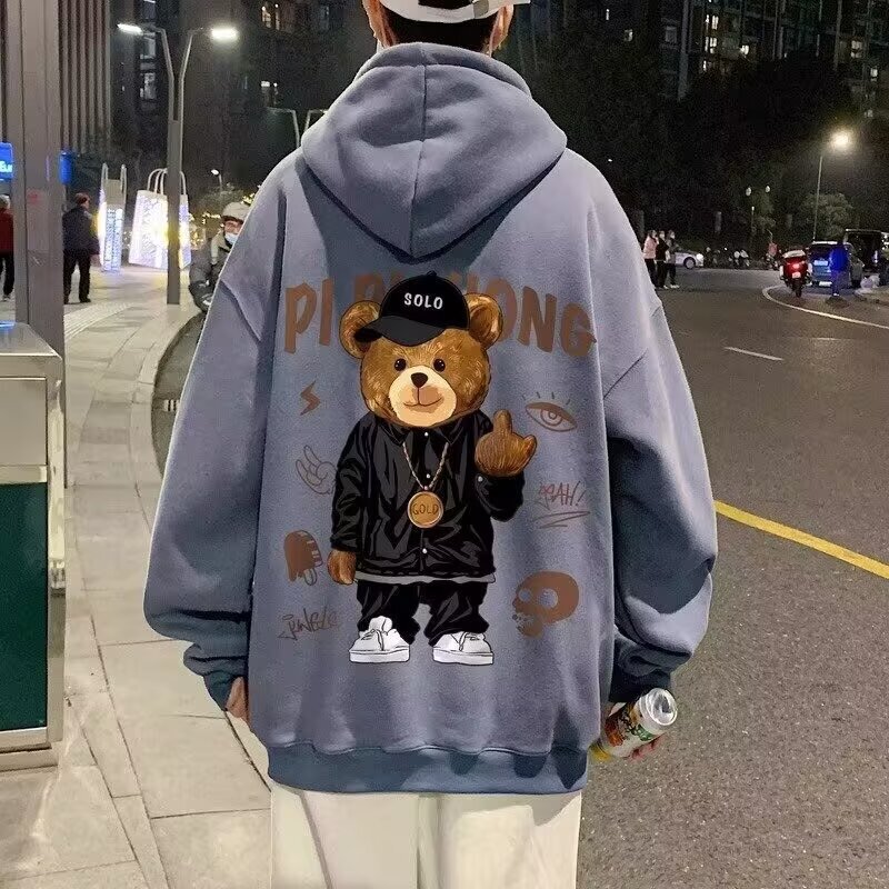 Hooded Jacket Men's Autumn and Winter Casual Loose Teddy Bear Print fleece-lined Sweatshirt Student All-match plus size Top