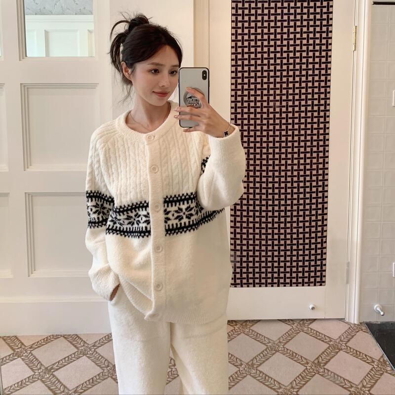 亲子系列CaCa开衫系扣半边绒睡衣女秋冬加厚保暖软绵绵家居服套装|undefined