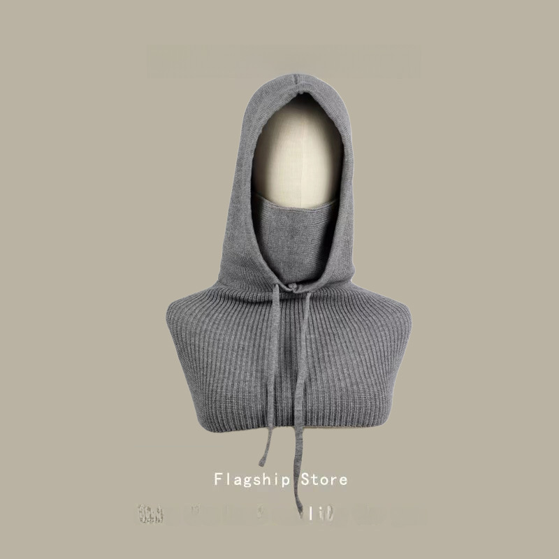 Pălărie all-in-one eșarfă mască groasă de iarnă stil coreean culoare solidă tricotată rezistentă la frig Cap Internet Celebrity cald pulover Cap femei șal_voghion.com