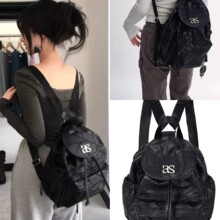 韩国小众ason品牌简约刺绣棒球切割面黑色菱格大容量通勤包双肩包